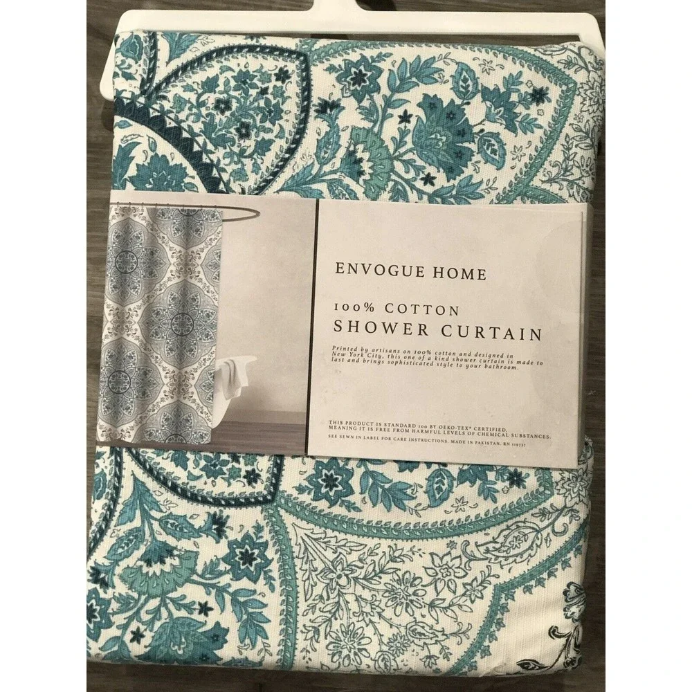 New Envogue Aqua Green Floral Paisley Medallion Fabric Shower Curtain Cotton